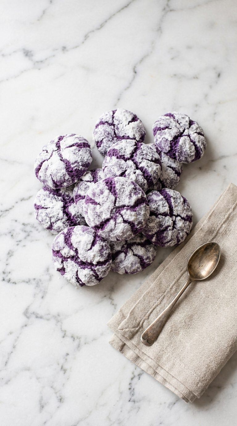 ube-crinkle-cookies-overhead-shot-1-cluster-on-white-marble
