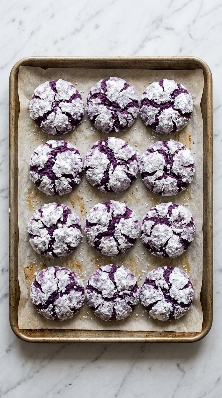 ube-crinkle-cookies-process-step-6-baked-cookies-on-tray